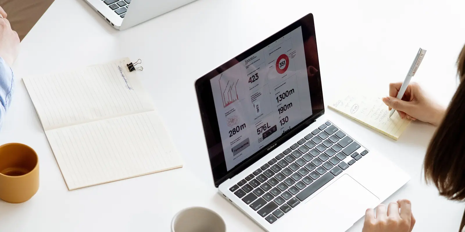 Laptop showing an analytics dashboard on a meeting table